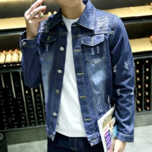 Denim Jackets Man Blue In Lowest Price Jeans Coat For Men With Hole Wide Sleeves Ripped Of Fabric Vintage Worn Stylish Y2k - Image 6