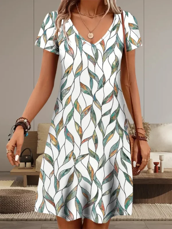 Casual Well-Fitted Printed Short Dress For Women Summer Elegant And Retro Lady's V-Neck Short-Sleeved Straight Knee-Length Dress - Image 7