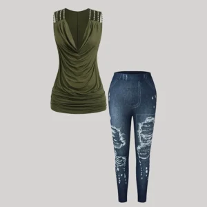 Plus Size Women’s Off-Shoulder Sets Ruched V-Neck Sleeveless Vest Tops Denim Washed Slim Long Jeans Female Casual 2-Piece Sets - Image 5