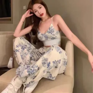 2025 New Summer 2 Piece Sets Sexy Strap Sleeveless Floral Print Tank Tops Wide Leg Pants Suit Casual Holiday Hot Girl Streetwear - Image 3