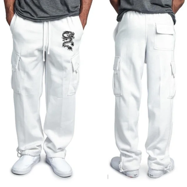 Men Fashion Pants dragon print Solid Color Pockets Baggy Pants Casual Loose Trousers High Waist Drawstring Cargo Pants - Image 4
