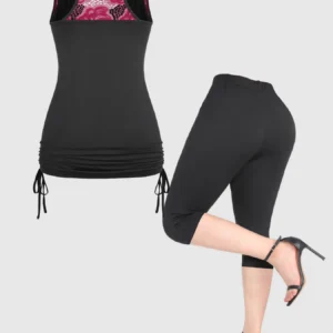 Women's Plus Size Two Piece Set Sleeveless Drawstring Fitness Matching Set Ruched Cowl Neck Lace Hollow Out Top and Mid Pant Set