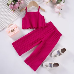 2024 Summer Hot Selling Casual Fashion Set for Girls Solid Color Strap Pants Wave Stripe Fashion Style for Daily Wear - Image 3