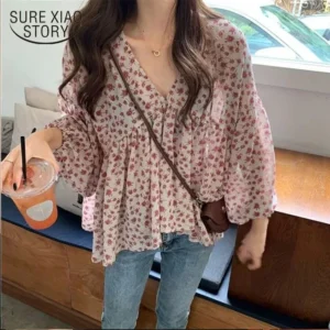 New Spring and Summer Fashionable Sweet and Loose Versatile Top with A V-neck Floral Long Sleeved Chiffon Shirt for Women 9307 - Image 7