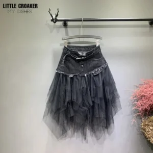 Asymmetrical Denim Jeans Tulle Skirts Womens High Waist Long Mesh Tutu Tassel Pleated Midi Gothic Skirt with Pockets Belt Black - Image 3