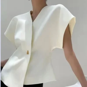 Summer French Asymmetric Blazer Vest Coat Women Drop Shoulder Sleeve Waistcoat One Button Waist Slim Fashion White Top - Image 4