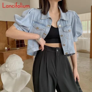 Summer Thin Basic Korean Fashion Baggy Denim Jacket Dress Suit Pants Matching Short Puff Sleeve Crop Top Jeans Jacket Women 2022 - Image 4