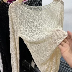 2025 Slightly transparent black lace shirt women long sleeved Spring and Autumn New slim fit inner layer with mesh - Image 4