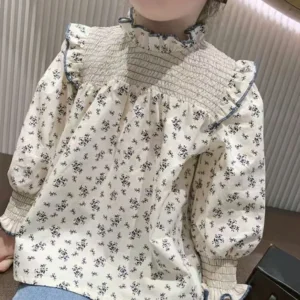 2-8Y Ins Spring Girls Blouses Lace Collar Fragmented Flower Infant Girls T-shirts Long Sleeve Loose Toddler Girls Peter Pan Top