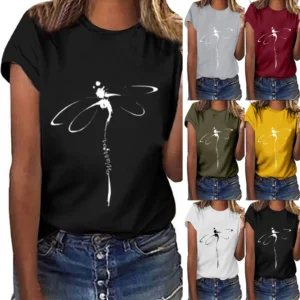 Explosive Tops Dragonfly Printed Original Collar Casual Base Shirt Short-sleeved Women's T-shirt Oversized T Shirt Clothes Tees