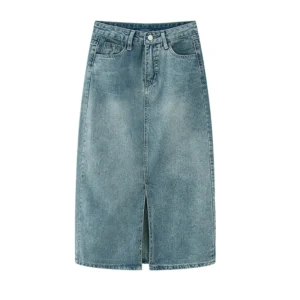 Summer New High-waist Slit Denim Skirt For Women Washed Retro A- line Skirt Hip-covering Straight Long Skirt - Image 7