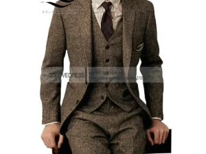 Brown Tweed Men Suits 3 Pieces Formal Business Suit Set Custom Gentle-Mens Groom Wedding Dress Blazer Suits(Jacket+Pants+Vest)