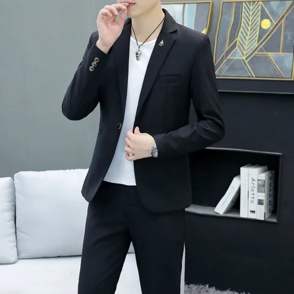 Slim Fit Two-Piece Suit Casual Business Style Solid Color Autumn Dress Suit with Trousers Included Stylish Men's Costume - Image 6