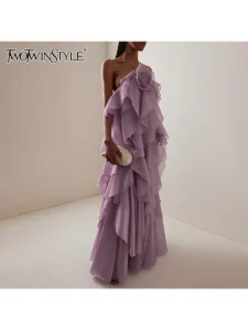 TWOTWINSTYLE Solid Spliced Ruffles Elegant Dresses For Women Halter Sleeveless High Wasit Backless Loose Dress Female Fashion