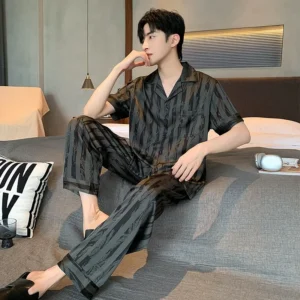 Plus Size Men Black Striped Short-Sleeve Long Pants Thin Pajama Set Cardigan Homewear Nightwear Youth Student Simple Sleepwear - Image 4
