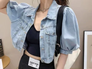 Summer Thin Basic Korean Fashion Baggy Denim Jacket Dress Suit Pants Matching Short Puff Sleeve Crop Top Jeans Jacket Women 2022