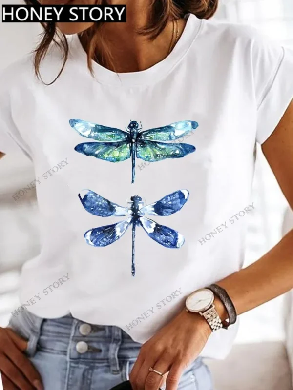 Explosive Dragonfly Butterfly Print Base Top Loose Women's Short-sleeved T-shirt Round Neck Oversized T Shirt Women Clothes TEE - Image 7