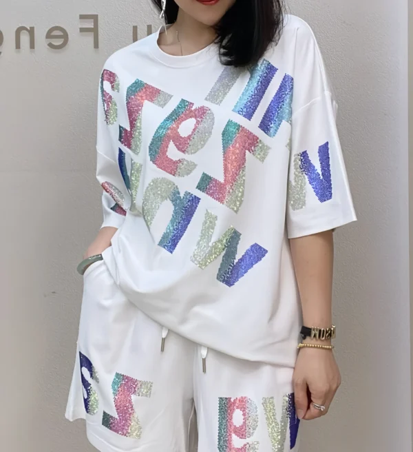 Oversized summer short-sleeved T-shirt and shorts casual set, Rhinestone wide-leg pants two-piece women's set - Image 3