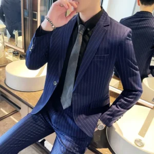 Men's Fashion High-Quality Slim Fit Two-Piece Suit Set Spring Autumn Stripes Business Casual Trousers And Jacket Combo - Image 5
