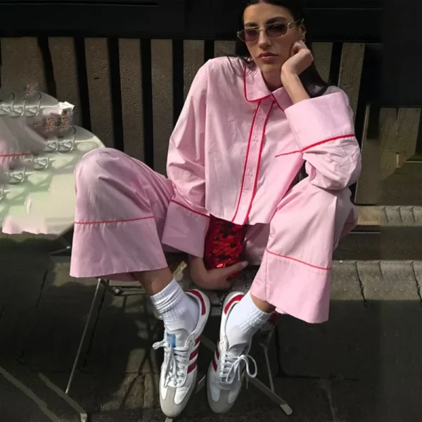 Chic Patchwork Long Pant Sets For Women 2024 Spring Lapel Long Sleeve Blouse Wide Leg Trousers 2 Pieces Sets Lady Streetwear - Image 6