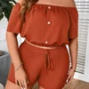New Plus Size Women's Clothing New Casual One-shoulder Decorative Buckle Solid Colour Loose Short Sleeve Two-piece Set