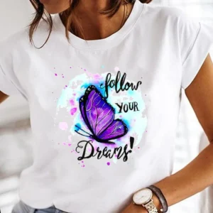 Butterfly T-shirt Watercolor Butterfly Top Tide Round Neck Large Size Retro Short-sleeved T-shirt Women's Fashio Clothing Tee - Image 3