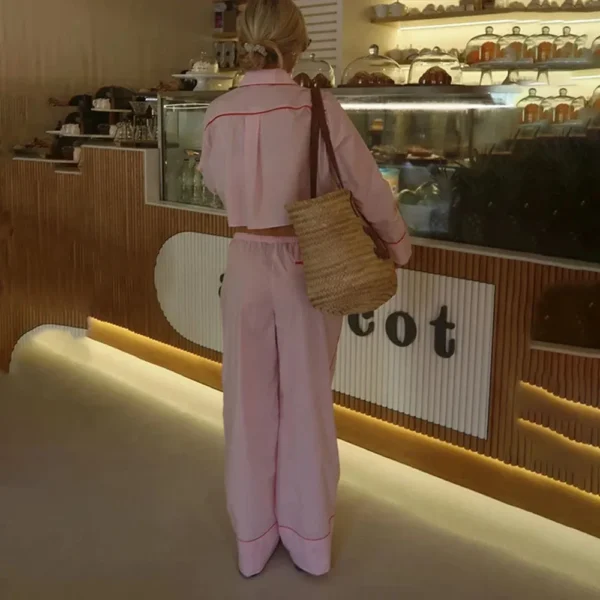 Chic Patchwork Long Pant Sets For Women 2024 Spring Lapel Long Sleeve Blouse Wide Leg Trousers 2 Pieces Sets Lady Streetwear - Image 4