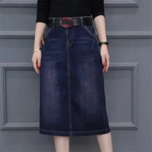 Cowboy midi Skirt Mid length 2025 New Spring Summer Denim Wrapped Hip high waist split A-line skirt Women's Casual Clothes