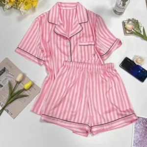 High-grade Striped Short-sleeved Pajamas for Women Summer Wear Thin Lapel Home Clothes Pajamas Set for Women Nightwear Nightie - Image 3