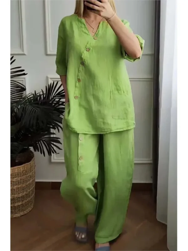 Casual 2PCS Fashion Women Suit 2024 Spring Summer 3/4 Sleeve Pocket Button Blouse Loose Pant Sets Work Solid Two Piece Sets - Image 6
