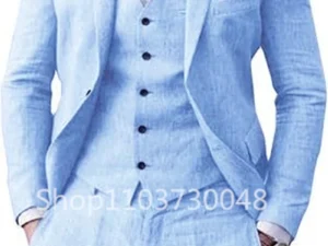 Elegant Beige/Blue Linen Men Suits Casual Single Breasted Slim Fit Blazer Vest Pants High Quality 3 Piece Summer Wedding Suits