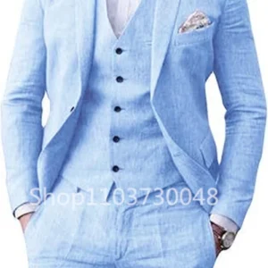 Elegant Beige/Blue Linen Men Suits Casual Single Breasted Slim Fit Blazer Vest Pants High Quality 3 Piece Summer Wedding Suits