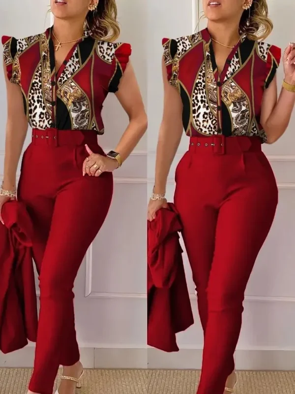 Womens Elegant Slim Two-Piece Sets Summer Fashion Print V Neck Button Flying Sleeve Shirt Top & Solid Long Pants Suits With Belt - Image 5