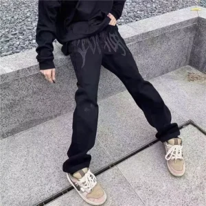 Letter Embroidery Black Men's Baggy Jeans Dark Style Hip Hop High Street Loose Straight Man Jeans American Retro Y2K Man Pants - Image 3