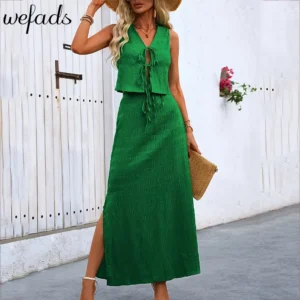 Wefads 2025 New Casual Sleeveless Off Shoulder Solid Tank Top And Midi Skirt Fashion Women's Street Style 2pcs Set