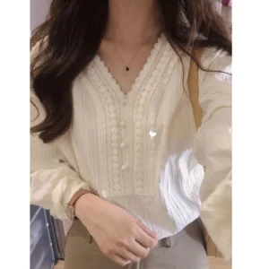 Summer Elegant Lace Blouse Fashion Women New Long Sleeve Loose Casual Shirt Ladies Office Spring V Neck Female Tops 8225 - Image 2