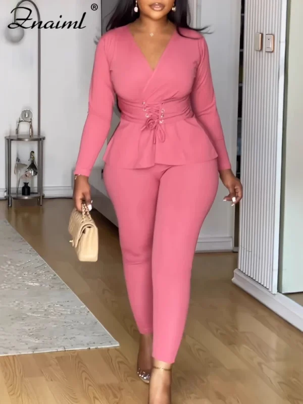 Znaiml Pink 2 Piece Set Women Autumn Winter Work Wear V-neck Bandage Tops and Pencil Pants Suit Elegant Office Lady Outfits New - Image 6