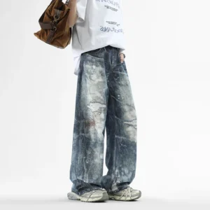 Mens Washed High Street Retro Pants Splashing Ink Color Piercing Printed Jeans High Street Trendy Brand Men Clothing Baggy Jeans - Image 6