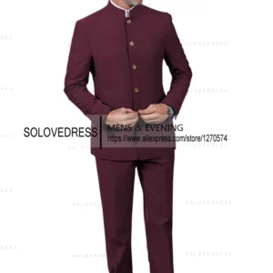 Classic 2 Piece Men's Slim Fit Solid Color Stand Collar Wedding Suit (Blazer+Pants） - Image 5