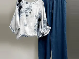 Two Piece Set Women Outifit Fashion Floral Print Long Sleeve O Neck Blouse + Wide Leg Pants Sets Lady Spring Loose Trousers Suit