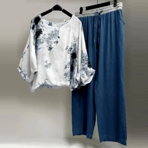 Two Piece Set Women Outifit Fashion Floral Print Long Sleeve O Neck Blouse + Wide Leg Pants Sets Lady Spring Loose Trousers Suit
