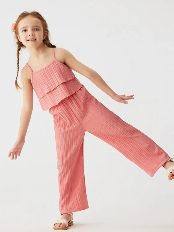 2024 Solid Summer Girls' Sling Pants Set with Wave Stripes Two piece Princess Style Casual Fashion Set - Image 5