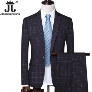 ( Blazer + Pants ) Classic Plaid Men's Casual Business Suit 2 Piece Set High-end Brand Groom Wedding Tuxedo Jacket and Trousers - Image 4