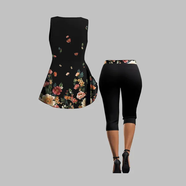 Floral Printed Casual Women Plus Size Two-Piece Set Knotted Ruched V-neck Sleeveless Summer Vest Tee And Slim Yoga 5-Point Pants - Image 4