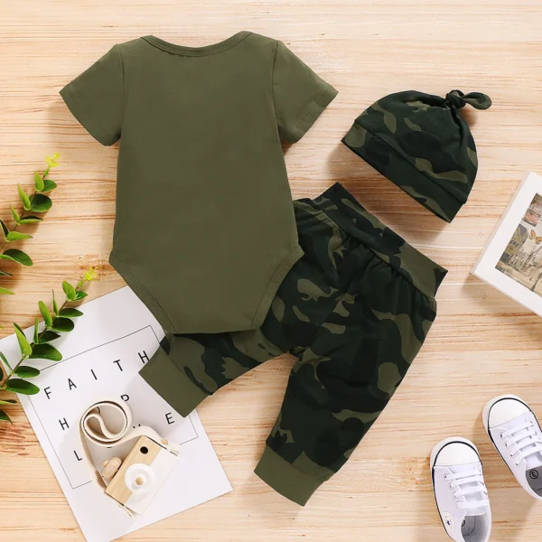 Newborn Baby Boy Summer Clothes Set Letters Short Sleeve Romper +Camouflage Pants+Hat 3pcs Outfits for Toddler Boy 0-18 Months - Image 6