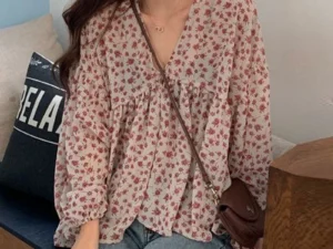 New Spring and Summer Fashionable Sweet and Loose Versatile Top with A V-neck Floral Long Sleeved Chiffon Shirt for Women 9307