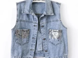 2024 Fashion Design Sequins Denim Vest Summer Autumn Women's Waistcoat Korean Leeveless Denim Jeans Jacket Female Vest Tops