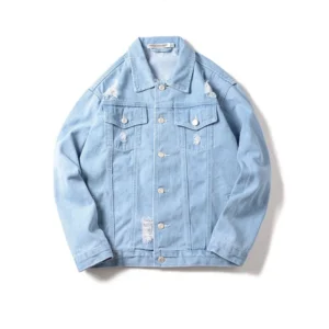 Spring and Autumn New Men's Casual Loose Work Coat Trendy Hole Denim Jacket - Image 5