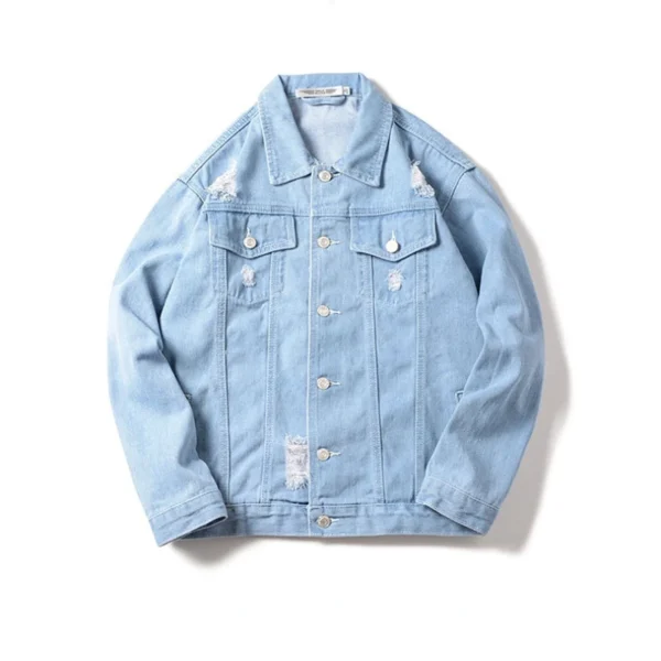 Spring and Autumn New Men's Casual Loose Work Coat Trendy Hole Denim Jacket - Image 5