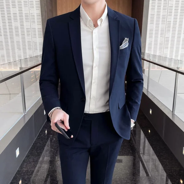 Men's Stylish Handsome Solid Color Suit Two-Piece Set M-4XL High Quality Formal Casual Banquet Fit Trousers Included - Image 3